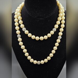 Charming Charlie Faux Pearl Necklace with Crystal Embedded Shambala Knotted 34"